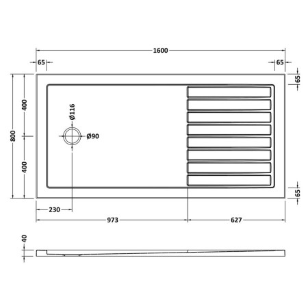 NTP1680 Nuie 1600 x 800mm Walk In Wetroom Shower Tray in Gloss White Line Drawing