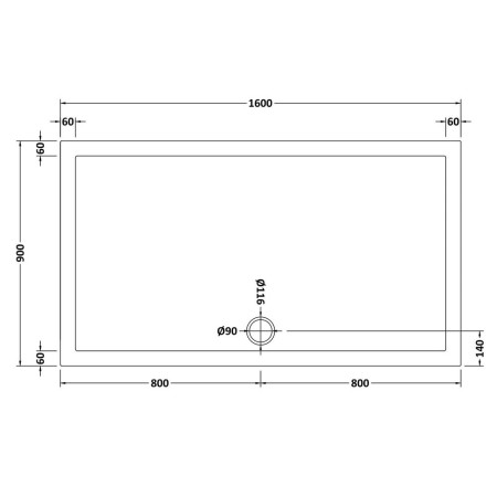 NSR054 Nuie 1600 x 900mm Large Rectangular Shower Tray in Matt White Slip Resistant Line Drawing