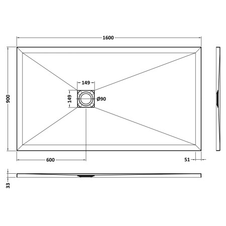 NLT61054 Nuie 1600 x 900mm Rectangular Slimline Shower Tray White Slate Line Drawing