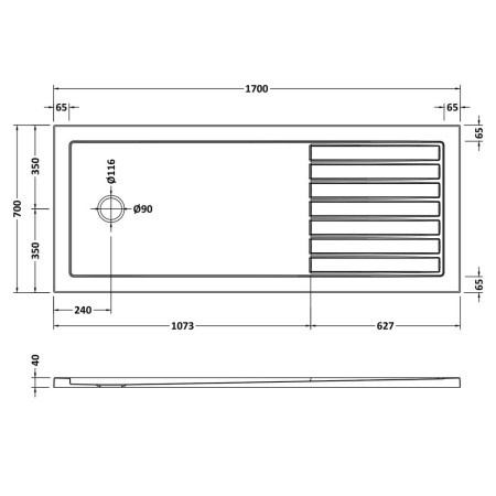 TR711770 Nuie 1700 x 700mm Walk In Wetroom Shower Tray in Slate Grey Line Drawing