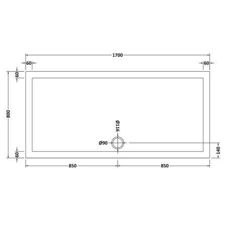NSR063 Nuie 1700 x 800mm Large Rectangular Shower Tray in Matt White Slip Resistant Line Drawing