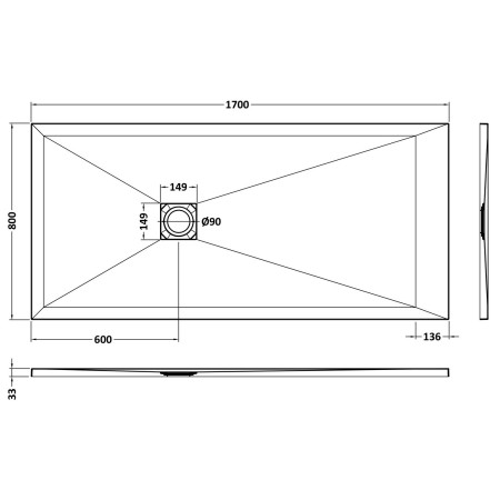 NLT91063 Nuie 1700 x 800mm Rectangular Slimline Shower Tray Black Slate Line Drawing
