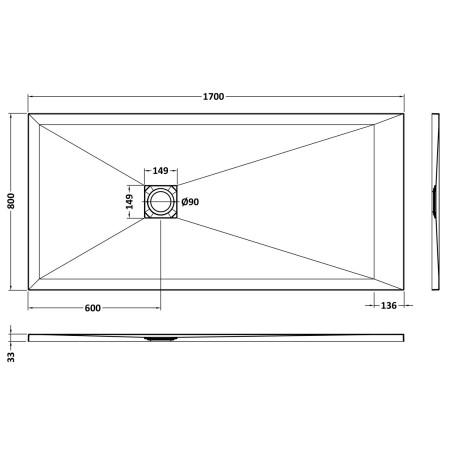 NLT71063 Nuie 1700 x 800mm Rectangular Slimline Shower Tray Grey Slate Line Drawing