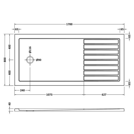 NSR1780 Nuie 1700 x 800mm Walk In Slip Resistant Wetroom Shower Tray in White Line Drawing