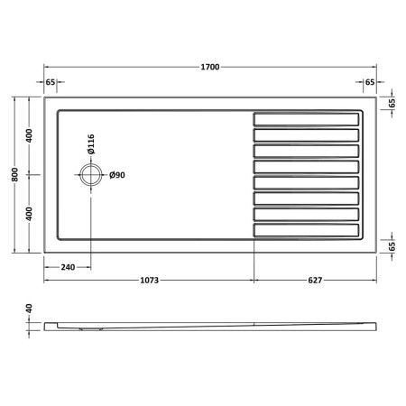 NTP1780 Nuie 1700 x 800mm Walk In Wetroom Shower Tray in Gloss White Line Drawing