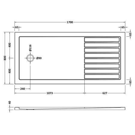 TR711780 Nuie 1700 x 800mm Walk In Wetroom Shower Tray in Slate Grey Line Drawing