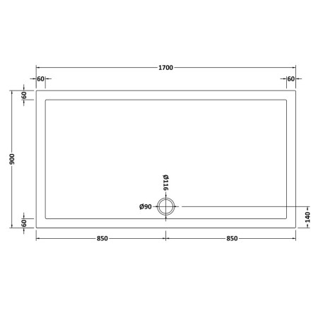 NSR064 Nuie 1700 x 900mm Large Rectangular Shower Tray in Matt White Slip Resistant Line Drawing