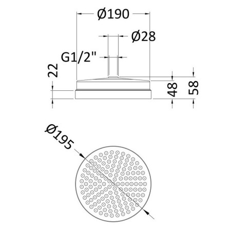 HEAD01 Nuie 200mm Round Fixed Shower Head Line Drawing