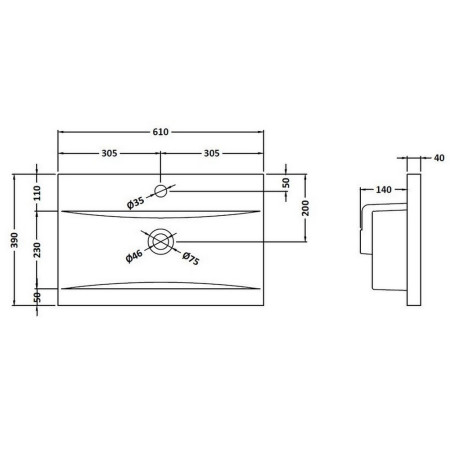 NVM013 Nuie 600mm Mid Edge Ceramic 1TH Basin Line Drawing
