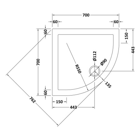 NTP096 Nuie 700 x 700mm Quadrant Shower Tray in Gloss White Line