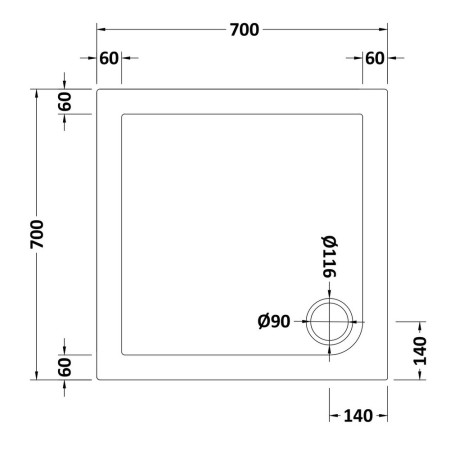 NTP002 Nuie 700 x 700mm Square Shower Tray in Gloss White Line Drawing
