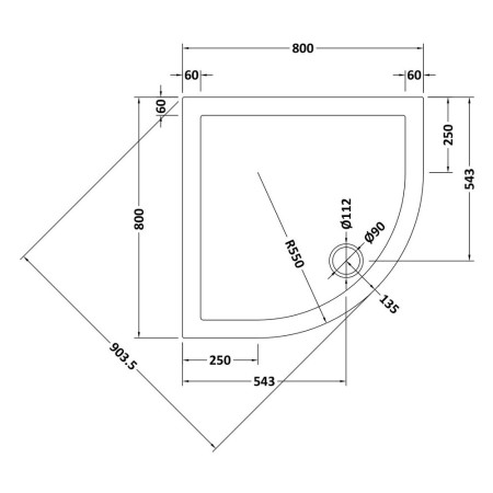 NSR105 Nuie 800 x 800mm Quadrant Shower Tray in Matt White Slip Resistant Line Drawing