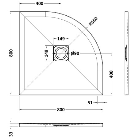 NLT71105 Nuie 800 x 800mm Quadrant Slimline Shower Tray Grey Slate Line Drawing