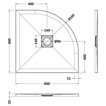 NLT61105 Nuie 800 x 800mm Quadrant Slimline Shower Tray White Slate Line Drawing