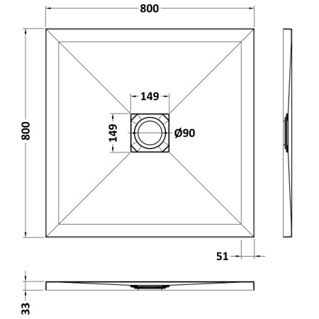 NLT91006 Nuie 800 x 800mm Square Slimline Shower Tray Black Slate Line Drawing