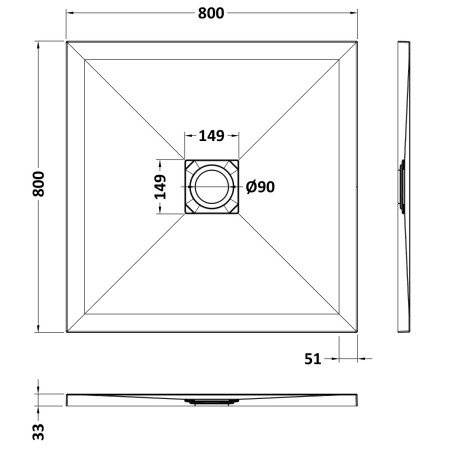 NLT71006 Nuie 800 x 800mm Square Slimline Shower Tray Grey Slate Line Drawing