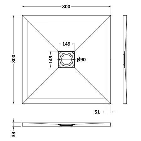 NLT61006 Nuie 800 x 800mm Square Slimline Shower Tray White Slate Line Drawing