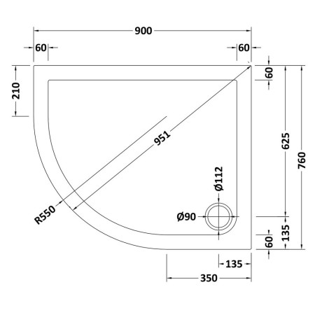 NSR101 Nuie 900 x 760mm Offset Quadrant Slip Resistant Shower Tray in Matt White Left Hand Line Drawing