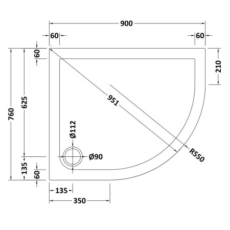 NSR102 Nuie 900 x 760mm Offset Quadrant Slip Resistant Shower Tray in Matt White Right Hand Line Drawing