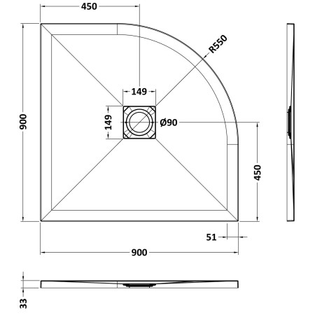 NLT91106 Nuie 900 x 900mm Quadrant Slimline Shower Tray Black Slate Line Drawing