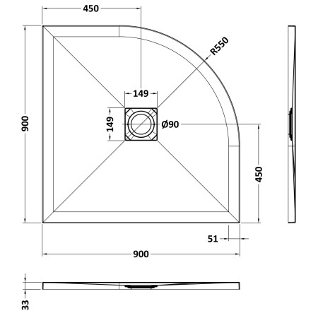 NLT71106 Nuie 900 x 900mm Quadrant Slimline Shower Tray Grey Slate Line Drawing
