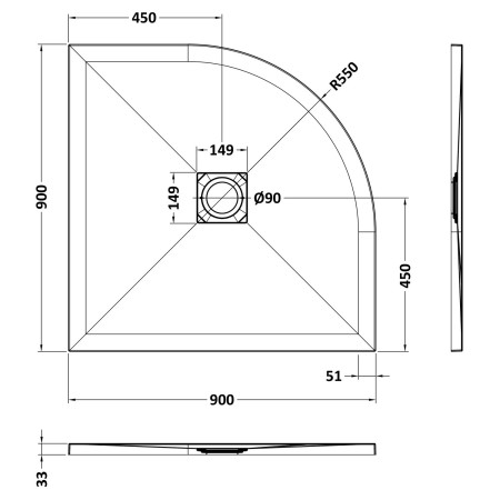 NLT61106 Nuie 900 x 900mm Quadrant Slimline Shower Tray White Slate Line Drawing