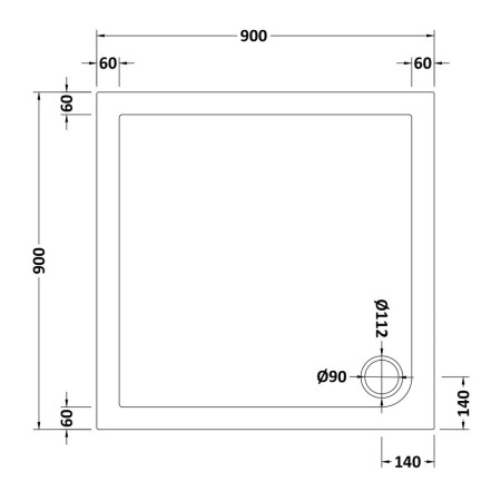 NSR010 Nuie 900 x 900mm Square Shower Tray in Matt White Slip Resistant Line Drawing
