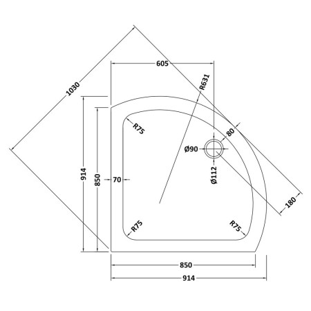 NTP090 Nuie 914 x 914mm Single Entry Corner Shower Tray Line Drawing