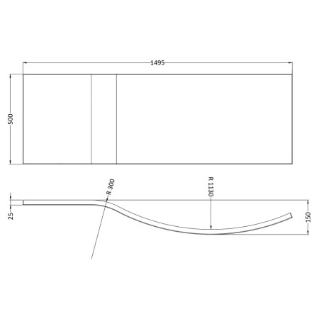 WBB202 Nuie Acrylic 1500mm Gloss White B Shape Shower Bath Front Panel Line