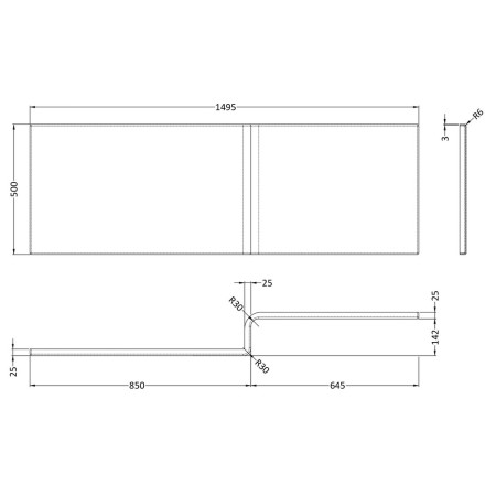 WBS302 Nuie Acrylic 1500mm Gloss White L Shape Shower Bath Front Panel Line