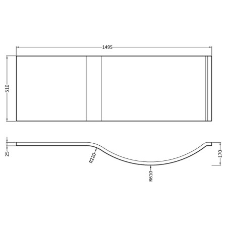 WBP202 Nuie Acrylic 1500mm Gloss White P Shape Shower Bath Front Panel Line Drawing