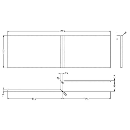 WBS303 Nuie Acrylic 1600mm Gloss White L Shape Shower Bath Front Panel Line Drawing