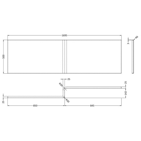 WBS300 Nuie Acrylic 1700mm Gloss White L Shape Shower Bath Front Panel Line
