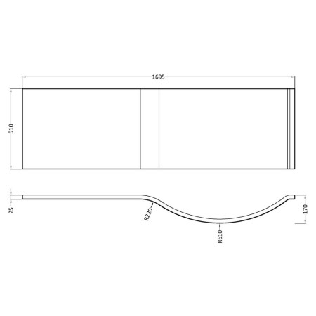 WBP200 Nuie Acrylic 1700mm Gloss White P Shape Shower Bath Front Panel Line Drawing