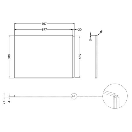 WBS301 Nuie Acrylic 700mm Gloss White L Shape Shower Bath End Panel Line Drawing