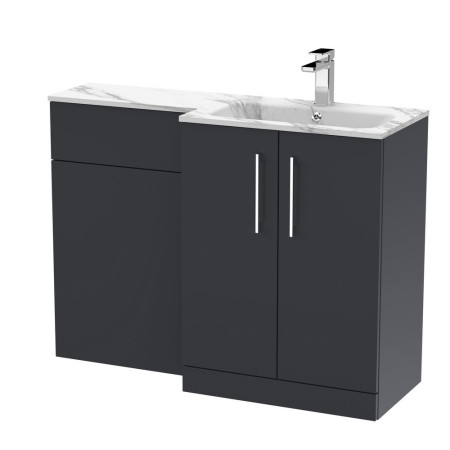 ARN1413 Nuie Arno 1100mm Soft Black Combination Unit with Marble L Shaped Basin Right Handed Design