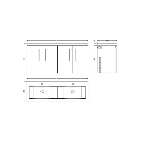 ARN3023 Nuie Arno 1200mm Bleached Oak Wall Hung Four Door Vanity Unit and Basin Line Drawing