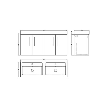 ARN2923 Nuie Arno 1200mm Midnight Blue Wall Hung Four Door Vanity Unit with Basin Line Drawing