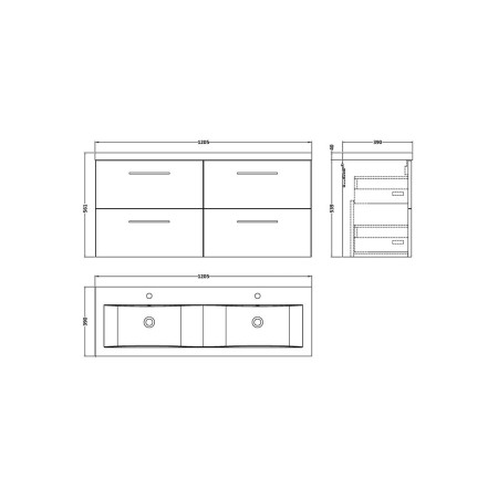 ARN824 Nuie Arno 1200mm Satin Green Wall Hung Four Drawer Vanity Unit with Basin Line Drawing