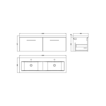 ARN822 Nuie Arno 1200mm Satin Green Wall Hung Two Drawer Vanity Unit with Basin Line Drawing
