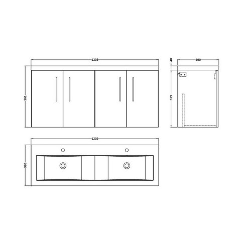 ARN1423 Nuie Arno 1200mm Satin Anthracite Wall Hung Four Door Vanity Unit with Basin Line Drawing