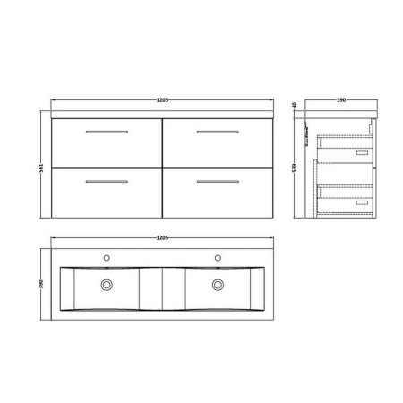 ARN1424F Nuie Arno 1200mm Satin Anthracite Wall Hung Four Drawer Vanity Unit with Basin Line Drawing