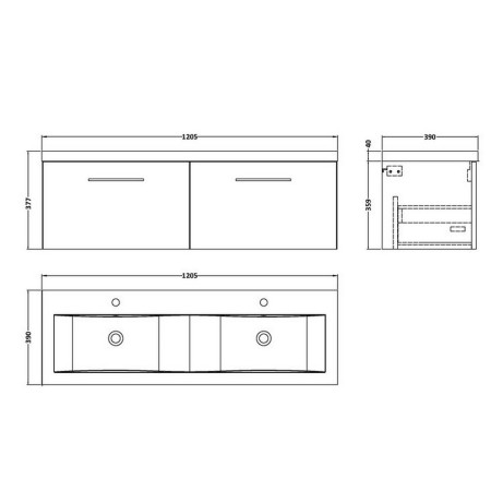 ARN1422 Nuie Arno 1200mm Satin Anthracite Wall Hung Two Drawer Vanity Unit with Basin Line Drawing