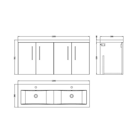 ARN2223 Nuie Arno 1200mm Satin Grey Wall Hung Four Door Vanity Unit with Basin Line Drawing