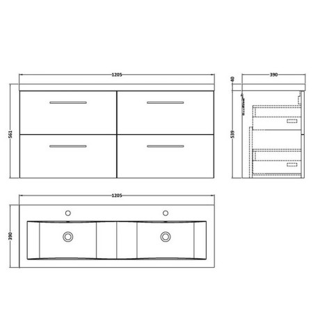 ARN2224F Nuie Arno 1200mm Satin Grey Wall Hung Four Drawer Vanity Unit with Basin (2)
