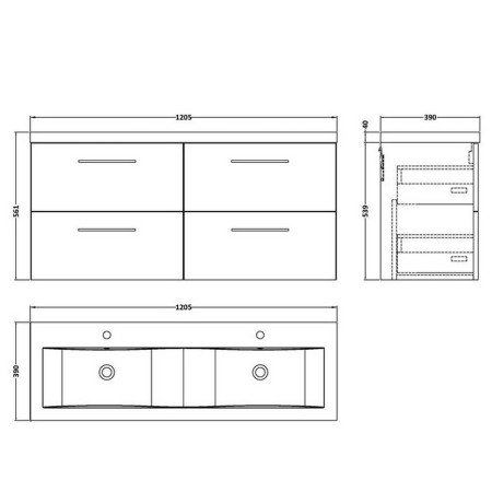 ARN2224F Nuie Arno 1200mm Satin Grey Wall Hung Four Drawer Vanity Unit with Basin Line Drawing