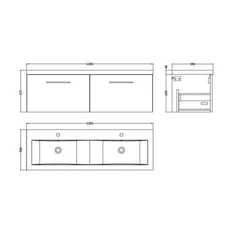 ARN2222F Nuie Arno 1200mm Satin Grey Wall Hung Two Drawer Vanity Unit with Basin Line Drawing