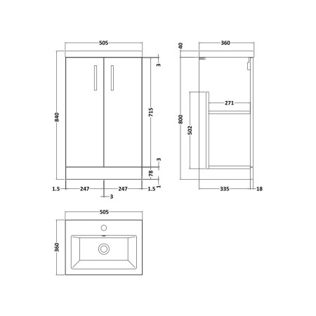 PAL032 Nuie Arno 500mm Bleached Oak Compact Vanity Unit with Basin Dimensions