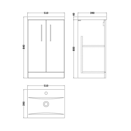 ARN3001 Nuie Arno 500mm Bleached Oak Floorstanding Vanity Unit with Basin Line Drawing