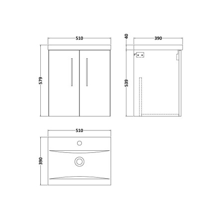 ARN3021 Nuie Arno 500mm Bleached Oak Wall Hung Vanity Unit with Basin Line Drawing